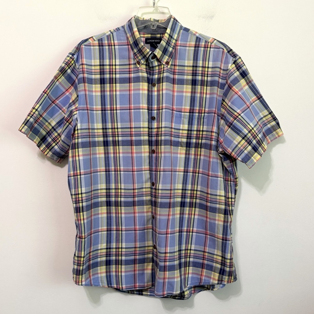 Lands End Mens Shirt XL 17-17 1/2 Short Sleeve Plaid Button Front Pocket Summer